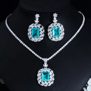 Elegante set gioielli orecchini collana matrimonio goccia pendente blu zirconi placcati argento - Foto 1 di 9