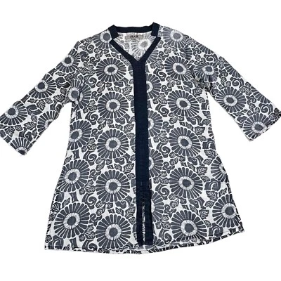 Flax Navy Floral Linen Tunic Top Sz P Lagenlook 3/4 Sleeve V Neck Oversize - Image 1 of 4