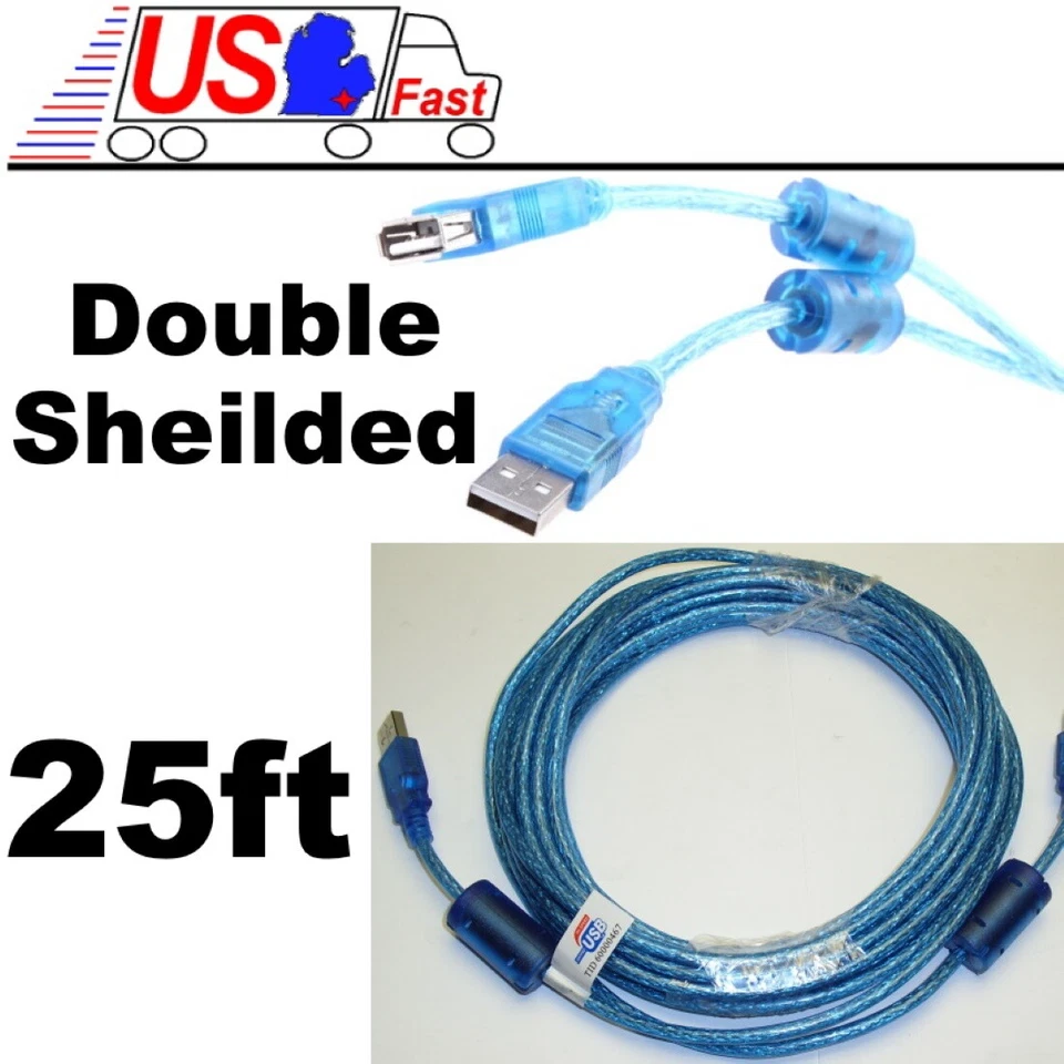 25ft long USB2.0 A Male~Female Extension Camera/Webcam/Printer Cable/Cord {BLUE - Image 1 of 1