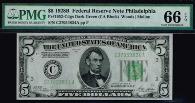 $5 1928B Philadelphia FRN. Fr. 1952-Cdgs. QUALITY NOTE. PMG 66 EPQ - Image 1 of 2
