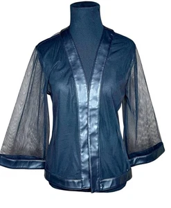 Black Sheer Open Front Jacket M/L Black Faux Leather Trim 3/4 Bell Sleeve Goth - Picture 1 of 6