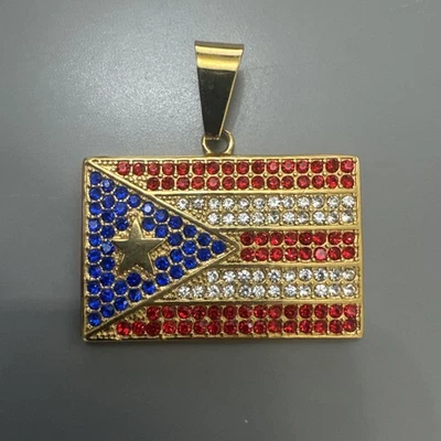 Colgante bandera de Puerto Rico chapado en oro acero inoxidable 24 pulgadas collar de cadena para hombre Foto 1 de 4