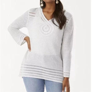 Suéter túnica Tommy Bahama blanco metálico crochet lino tejido manga campana talla L - Imagen 1 de 7