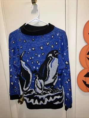 Suéter Pingüino Vintage 100% Acrílico Cuello Redondo Azul y Negro e Hilo Metálico M Foto 1 de 4