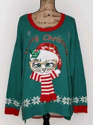 Meowy Christmas  -Green Sparkling Cat Santa Acrylic Sweater - Women’s 2X - Image 1 of 3