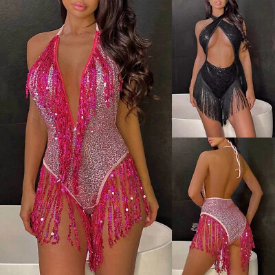Frauen Jumpsuit Quaste Trikot Jazz Bodysuit Baden V-Ausschnitt Latein Bademode - Bild 1 von 4