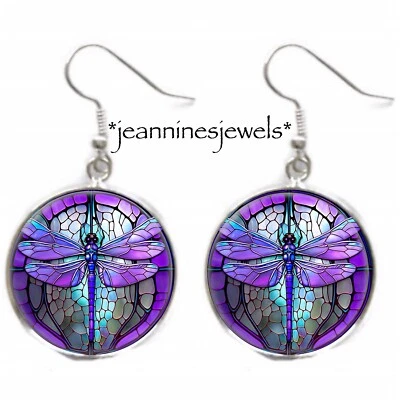 Purple Dragonfly Earrings Violet Boho Bohemian Art Nouveau Silver Charm Dangle - Image 1 of 4