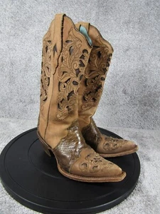 Corral Vintage Boots Womens Size 6.5 M Brown Tooled Leather Snakeskin Accent - Picture 1 of 13