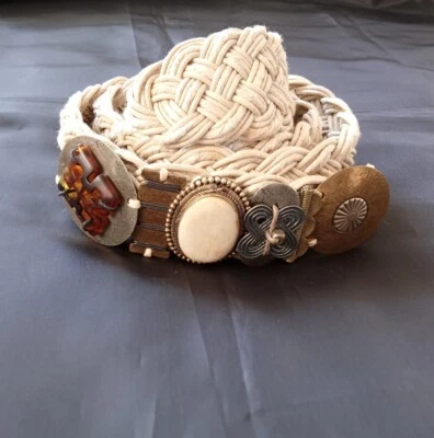 Vintage Baer Boho Natural Braided Belt with Mixed Metals Buckle - Image 1 of 4