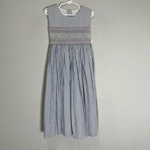 Strasburg Dress Girls 5Y Blue Striped Seersucker Embroidered Floral Tie Cottage - Picture 1 of 7