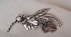 Broche Vintage Años 60 Perla Raimond Hoja Desplazada Plata de Ley 925 - Imagen 1 de 8