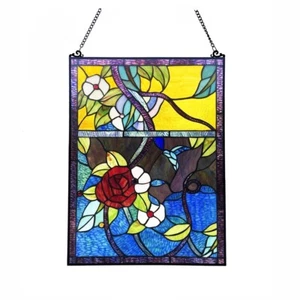 Stained Glass Handcrafted Tiffany Style Floral Rose Window Panel Suncatcher Art - Picture 1 of 4