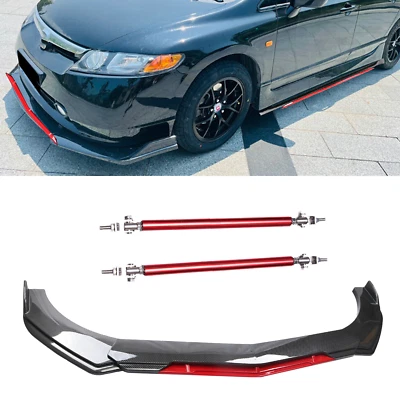 For Honda Civic Sedan Front Bumper Lip Splitter Spoiler+Strut Rods Carbon Fiber Foto 1 de 4