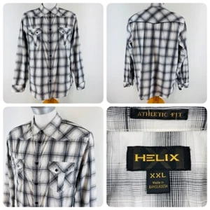 HELIX Men's Sz XXL Long Sleeve Pearl Snap Western Shirt White Black Plaid Checks - Picture 1 of 9