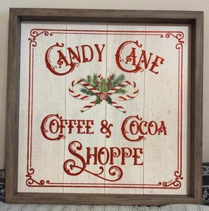 🎄 Candy Cane Coffee & Cocoa Shoppe Christmas Wall Sign Rustic Holiday Decor - Picture 1 of 9