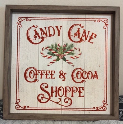 🎄 Candy Cane Coffee & Cocoa Shoppe Christmas Wall Sign Rustic Holiday Decor - Image 1 of 4