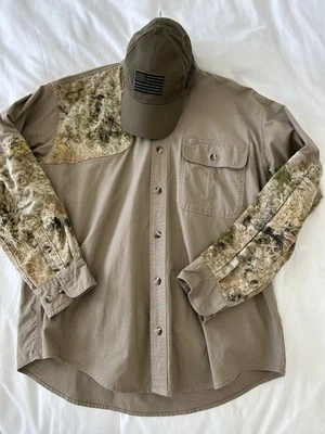 lot Cabelas Men L Shooting Camo Long Sleeve ButtonDown shirt Voodoo Tactical Cap - Image 1 of 4