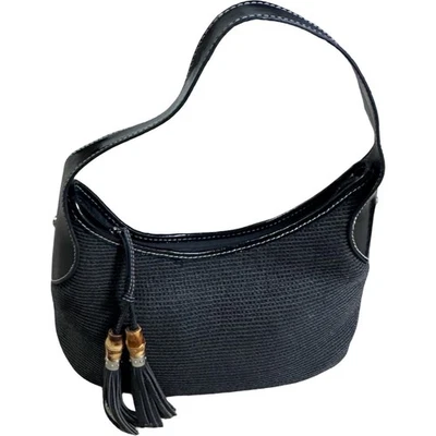 Vintage Talbots Black Wicket Basket Weave Bamboo Tassel Hobo Bag Shoulder Purse - Image 1 of 4