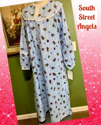 LANZ OF SALZBURG  ~ BLUE HOLIDAY SCOTTIE V-NECK LONG FLANNEL NIGHTGOWN  ~ LARGE - Image 1 of 4