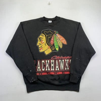 Vintage 90s Chicago Blackhawks NHL Sweatshirt Large Mens Black Salem Hockey - Image 1 of 4