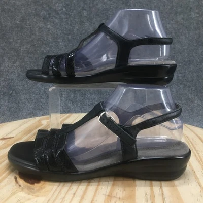 SAS Sandals Womens 9.5 N Capri Strappy Black T-Strap Bucked Open Toe Wedge Heels - Image 1 of 4