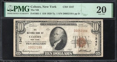 1929 $10 COHOES, NY NATIONAL BANK NOTE PMG 20 ALBANY COUNTY NEW YORK - Image 1 of 2