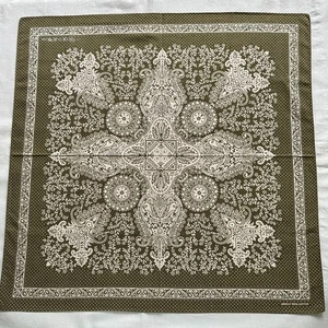 Vintage Bandana White Flourish Floral Damask Handkerchief Dark Olive Cotton 22" - Picture 1 of 3