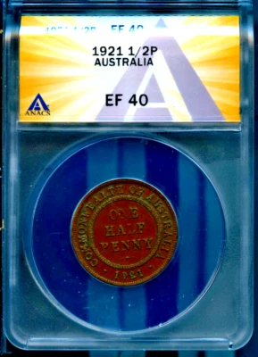 Australia 1921 1/2 Penny XF-40 mintage 5.28m ANACS # 7640949 + Bonus - Image 1 of 2