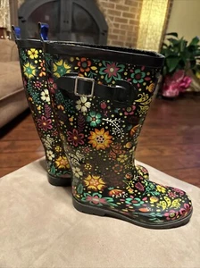 Botas de lluvia de goma Western Chief Galoshes para mujer talla 7 Garden Play negras-usadas en excelente estado - Imagen 1 de 8