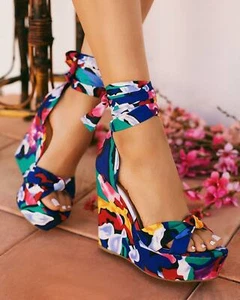 New Women Peep Open Toe High Wedge Platform Heel Sandal Wrap Lace-Up Multi-Color - Picture 1 of 22