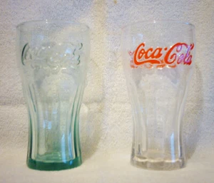 Pair Of Coca Cola / Coke Embossed Glasses 1 Green 1 Red Logo Excellent Condition - Picture 1 of 1