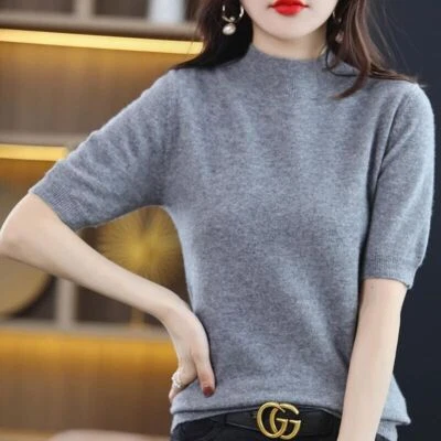 Suéter feminino de malha de cashmere falso manga curta gola alta jumper malha - Imagem 1 de 4