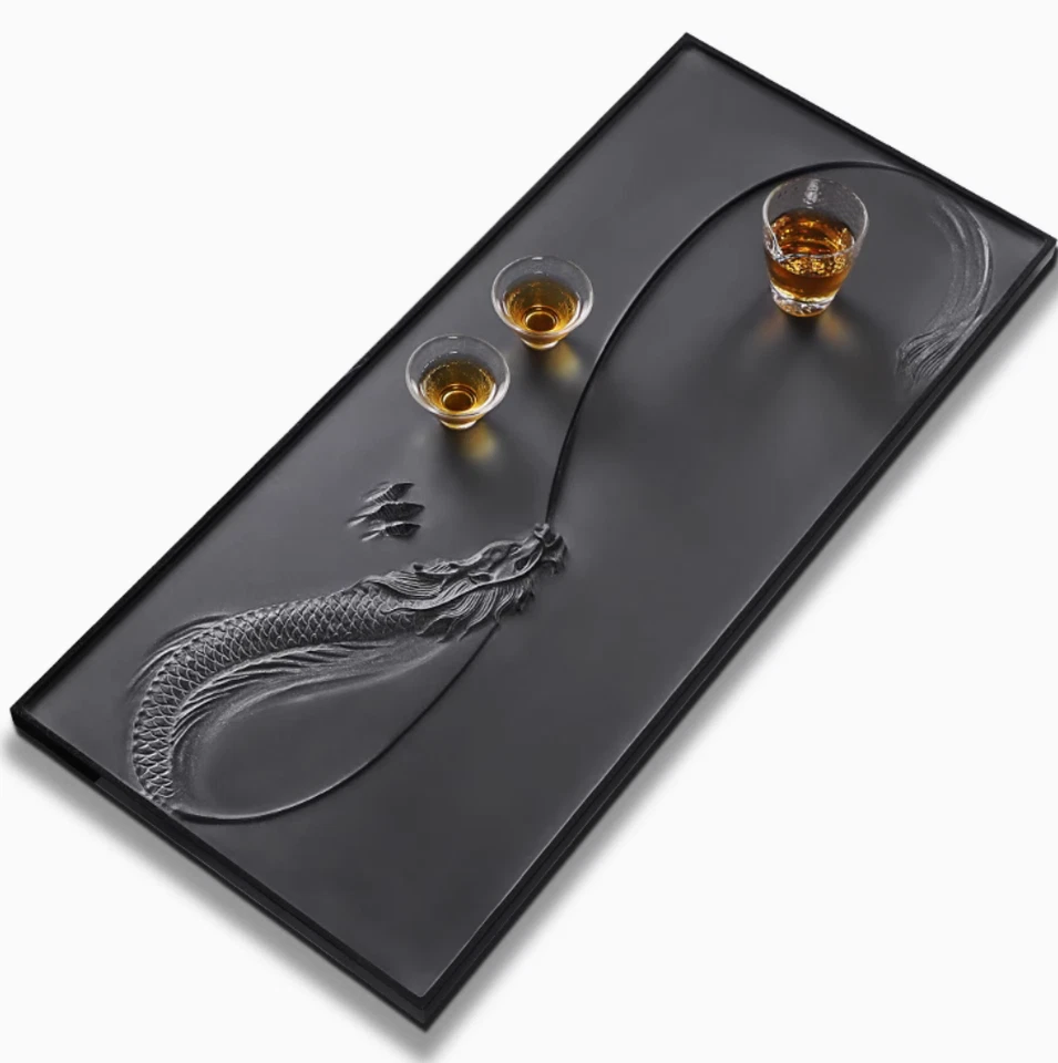  Tea Tray Hand Carved Dragon Engraved Black Stone Water Draining Tray For Teaset - Image 1 of 4