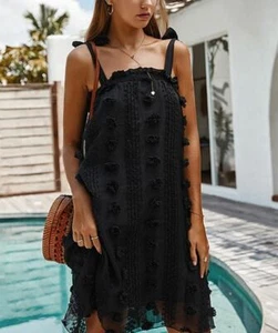 Luna Tuccini Black Textured Bow-Shoulder Sleeveless Dress Tie Straps MSRP $87 - Picture 1 of 2