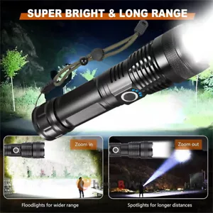 Tactical Flashlight 5 Modes LED Zoom Light Best Gift for Men, USB Rechargeable - Picture 1 of 12
