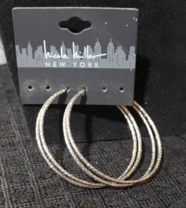 NEW NICOLE MILLER NEW YORK SILVER TONE LARGE DOUBLE HOOP EARRINGS, FUN & TRENDY - Picture 1 of 7