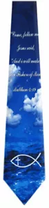 Blue White Religious Necktie Jesus Christian Fish Symbol Scripture - Picture 1 of 1