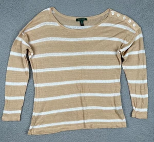 Lauren Ralph Lauren Top Women XL Beige/white Striped Linen Button Shoulder - Picture 1 of 8
