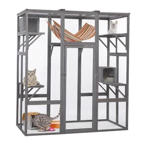 Outdoor Cat Enclosure, Large Wood Cat Cage with Sunlight Top Panel - Picture 1 of 12