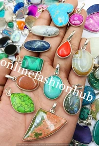 Unakite & Mix Gemstone 925 Sterling Silver Plated Wholesale Bezel Pendant Lot - Picture 1 of 3