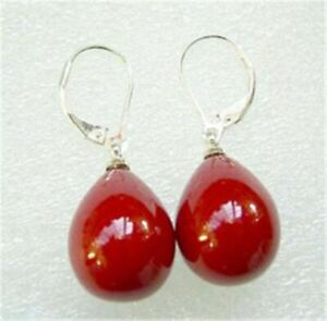 Fashion 12x16mm Drip Coral Red South Sea Shell Pearl Leverback Earrings AAA