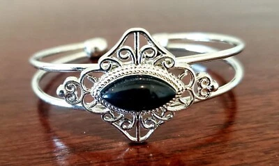 Toni Silvertone Genuine Black Onyx Open Cuff Bracelet 7x15 mm Women Adjustable - Image 1 of 4