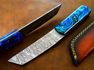 Elegant Forged Damascus 9"Japanese Tanto Knife With Sharp Edge, Raisin Handle - Picture 1 of 16