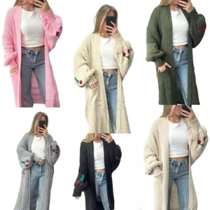 Women's Chunky Knitted Oversized CHERRY Print Balloon Sleeve Long Maxi Cardigan - Picture 1 of 16