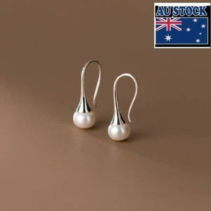 Woman Real s925 Sterling Silver Freshwater Pearl Hook Drop Dangle Earring Stud - Picture 1 of 4