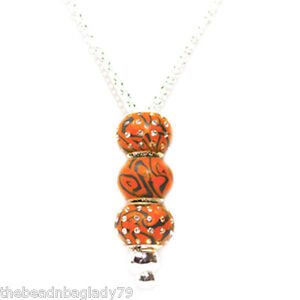 NEW Clay Viva Beads 3 Bead NECKLACE BLACK AND ORANGE with Crystals