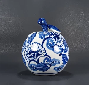 Blue & White Floral Apple Chinoiserie Style Figure Ceramic Fruit 6" Decorative - Picture 1 of 15