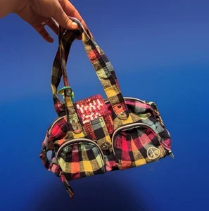 Justice Plaid Mini Purse Crossbody Handbag Sequins Peace Sign Y2K Tween Bag - Picture 1 of 4