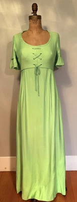 Maxi Vestido Renacentista Emma Domb Años 70 Verde Lima Cintura Imperio, Encaje Frontal 4 Foto 1 de 4