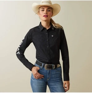 ARIAT Women's Team Kirby Stretch Pinstripe Black W/Silver Lurex Shirt 3X NWT - Picture 1 of 23